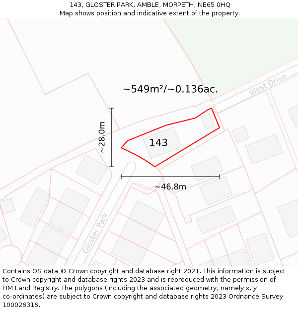 143, GLOSTER PARK, AMBLE, MORPETH, NE65 0HQ: Plot and title map