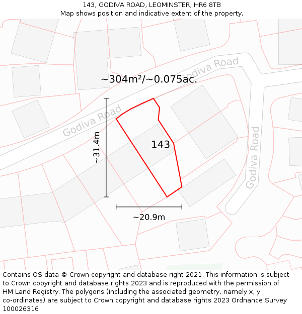 143, GODIVA ROAD, LEOMINSTER, HR6 8TB: Plot and title map