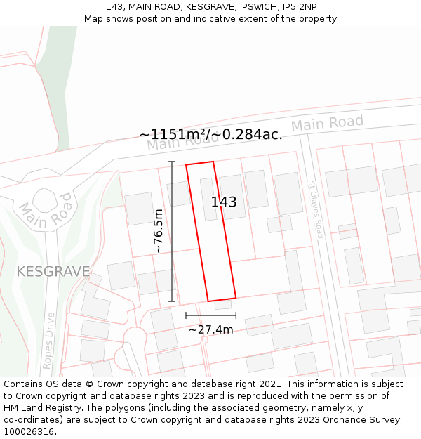 143, MAIN ROAD, KESGRAVE, IPSWICH, IP5 2NP: Plot and title map