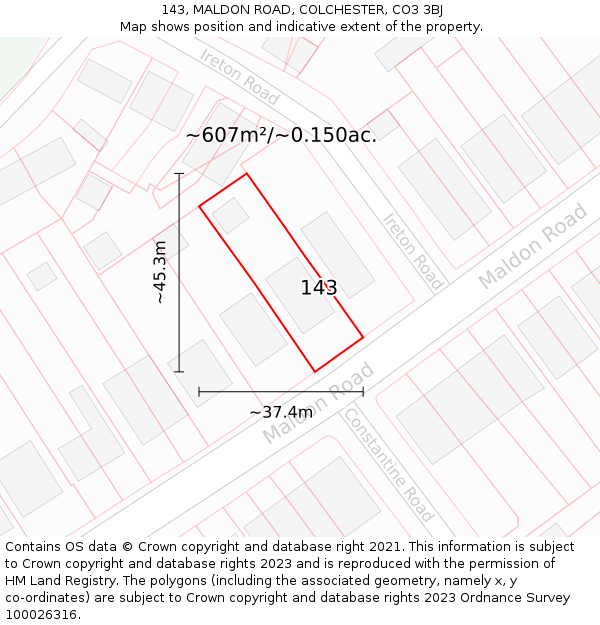 143, MALDON ROAD, COLCHESTER, CO3 3BJ: Plot and title map