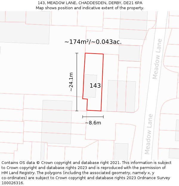 143, MEADOW LANE, CHADDESDEN, DERBY, DE21 6PA: Plot and title map