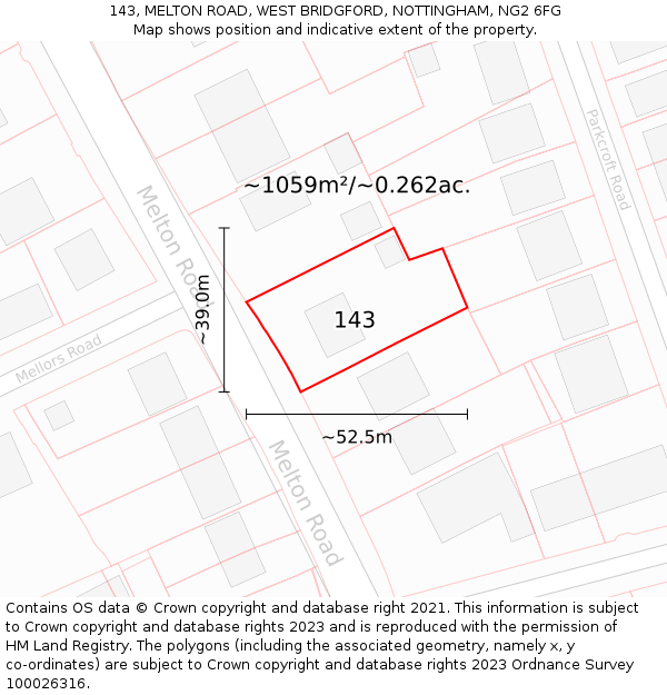 143, MELTON ROAD, WEST BRIDGFORD, NOTTINGHAM, NG2 6FG: Plot and title map