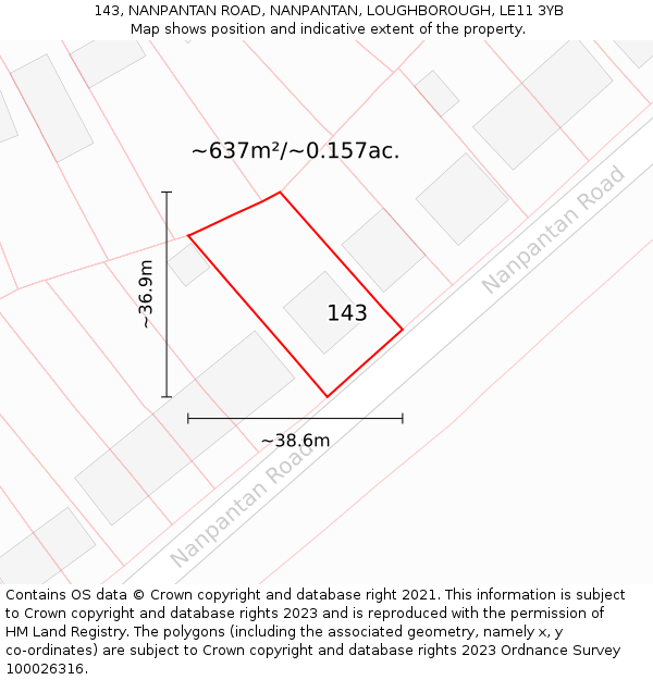 143, NANPANTAN ROAD, NANPANTAN, LOUGHBOROUGH, LE11 3YB: Plot and title map