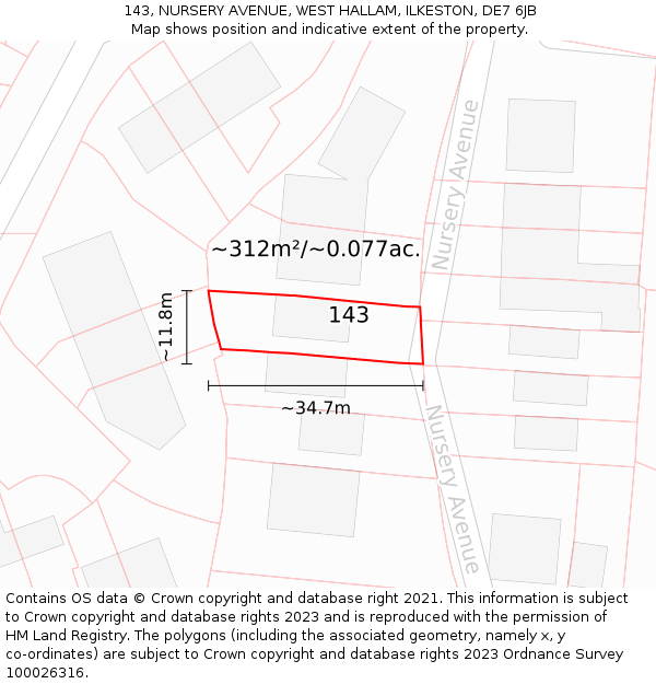 143, NURSERY AVENUE, WEST HALLAM, ILKESTON, DE7 6JB: Plot and title map