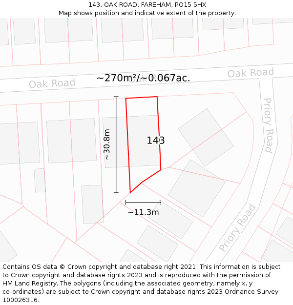 143, OAK ROAD, FAREHAM, PO15 5HX: Plot and title map