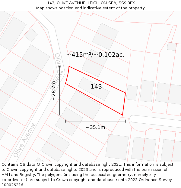 143, OLIVE AVENUE, LEIGH-ON-SEA, SS9 3PX: Plot and title map