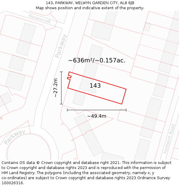 143, PARKWAY, WELWYN GARDEN CITY, AL8 6JB: Plot and title map