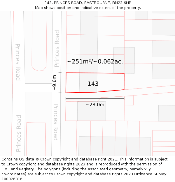 143, PRINCES ROAD, EASTBOURNE, BN23 6HP: Plot and title map