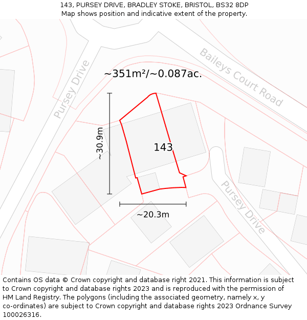 143, PURSEY DRIVE, BRADLEY STOKE, BRISTOL, BS32 8DP: Plot and title map