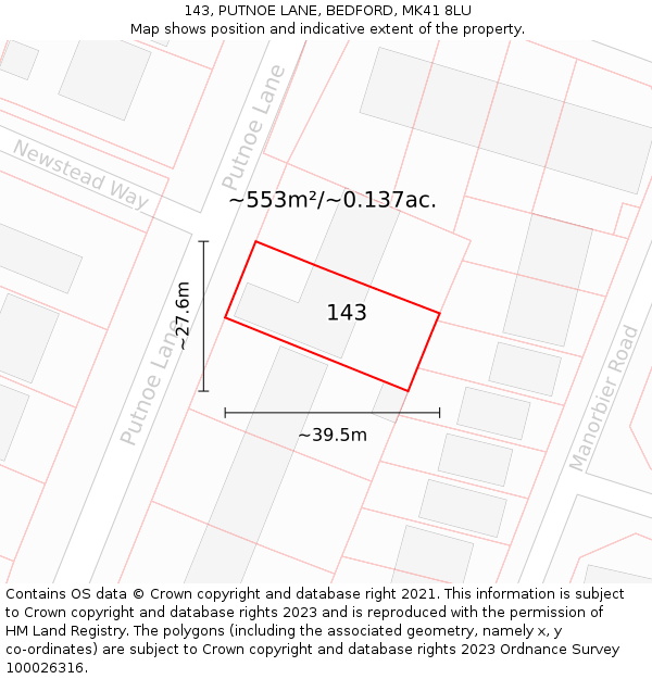 143, PUTNOE LANE, BEDFORD, MK41 8LU: Plot and title map