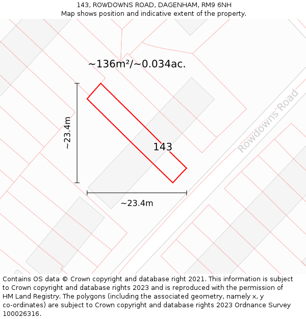 143, ROWDOWNS ROAD, DAGENHAM, RM9 6NH: Plot and title map