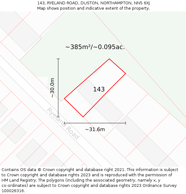 143, RYELAND ROAD, DUSTON, NORTHAMPTON, NN5 6XJ: Plot and title map