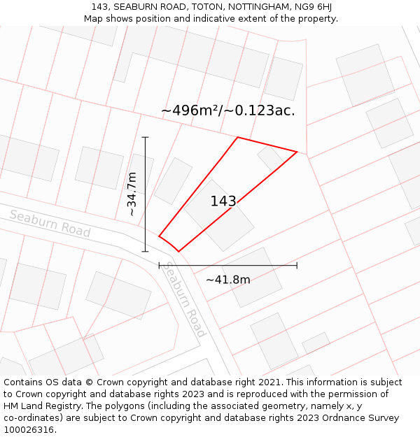 143, SEABURN ROAD, TOTON, NOTTINGHAM, NG9 6HJ: Plot and title map