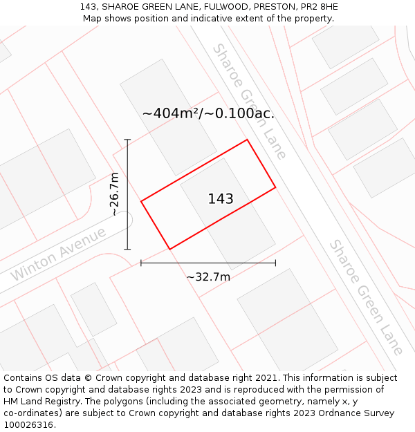 143, SHAROE GREEN LANE, FULWOOD, PRESTON, PR2 8HE: Plot and title map