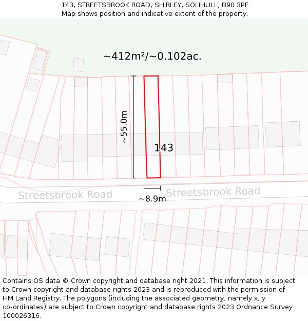 143, STREETSBROOK ROAD, SHIRLEY, SOLIHULL, B90 3PF: Plot and title map