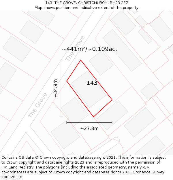 143, THE GROVE, CHRISTCHURCH, BH23 2EZ: Plot and title map