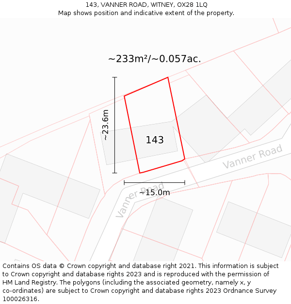 143, VANNER ROAD, WITNEY, OX28 1LQ: Plot and title map