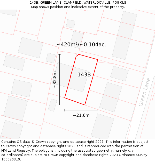 143B, GREEN LANE, CLANFIELD, WATERLOOVILLE, PO8 0LS: Plot and title map