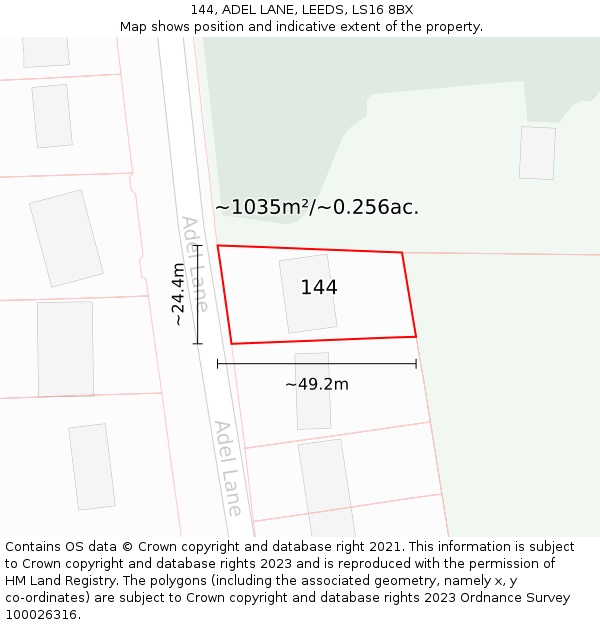 144, ADEL LANE, LEEDS, LS16 8BX: Plot and title map