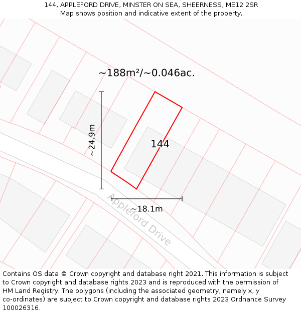 144, APPLEFORD DRIVE, MINSTER ON SEA, SHEERNESS, ME12 2SR: Plot and title map