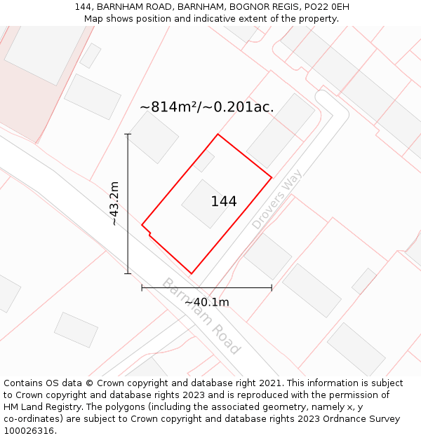 144, BARNHAM ROAD, BARNHAM, BOGNOR REGIS, PO22 0EH: Plot and title map