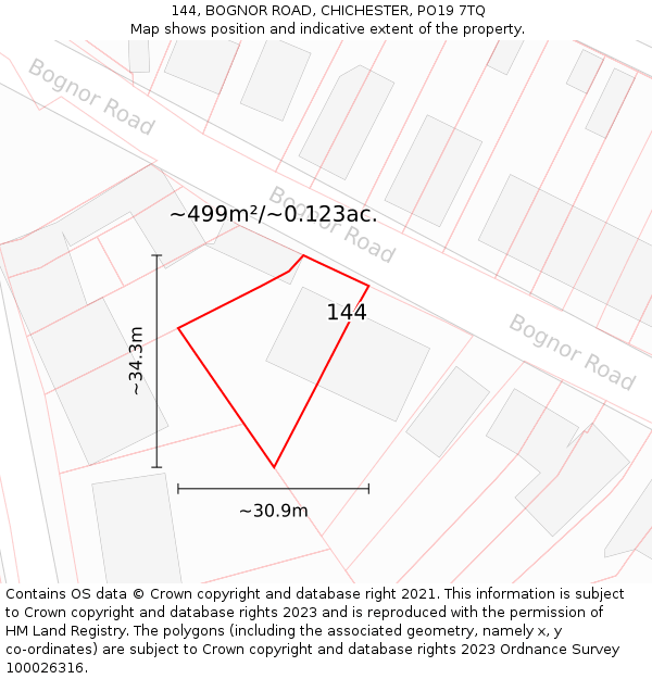 144, BOGNOR ROAD, CHICHESTER, PO19 7TQ: Plot and title map