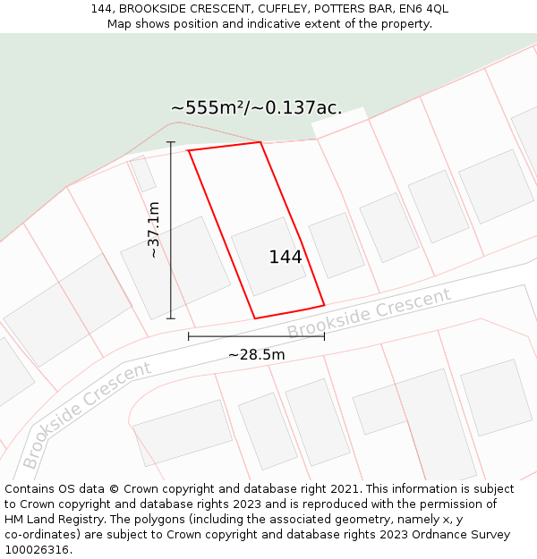 144, BROOKSIDE CRESCENT, CUFFLEY, POTTERS BAR, EN6 4QL: Plot and title map