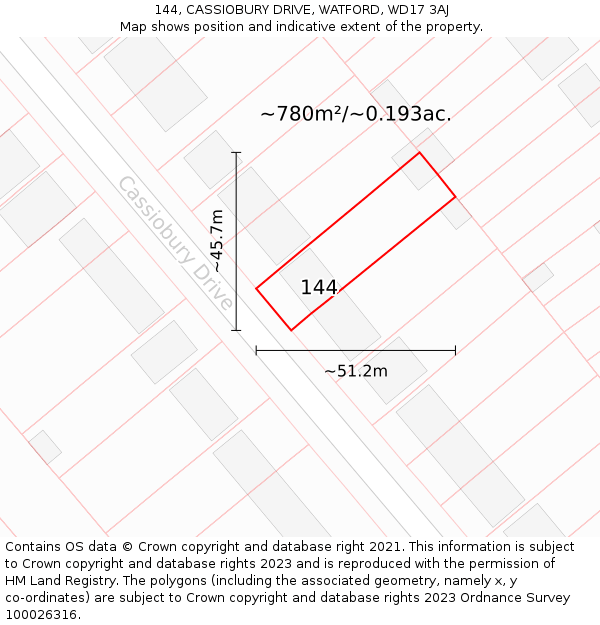 144, CASSIOBURY DRIVE, WATFORD, WD17 3AJ: Plot and title map