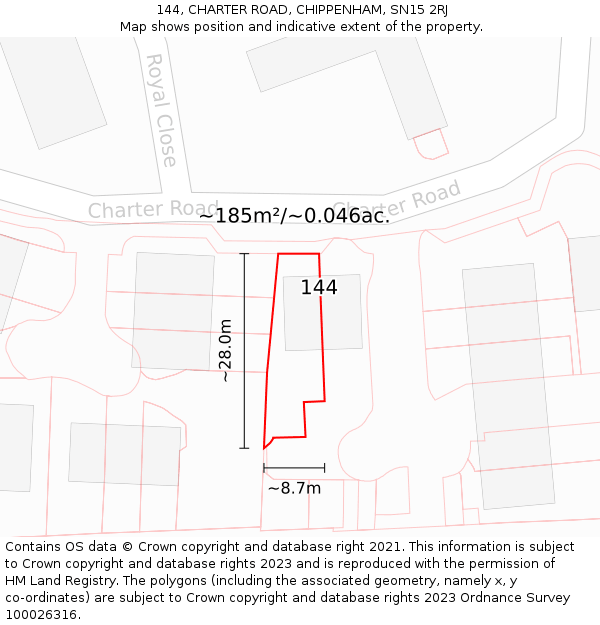 144, CHARTER ROAD, CHIPPENHAM, SN15 2RJ: Plot and title map