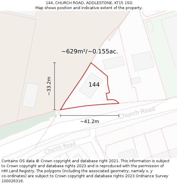 144, CHURCH ROAD, ADDLESTONE, KT15 1SG: Plot and title map