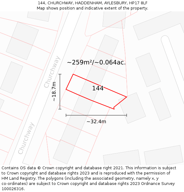 144, CHURCHWAY, HADDENHAM, AYLESBURY, HP17 8LF: Plot and title map