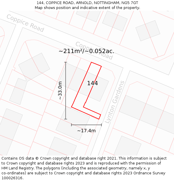 144, COPPICE ROAD, ARNOLD, NOTTINGHAM, NG5 7GT: Plot and title map