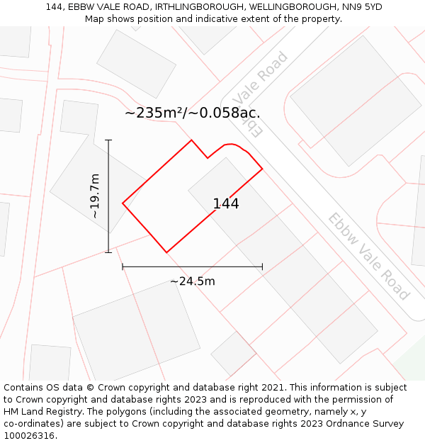 144, EBBW VALE ROAD, IRTHLINGBOROUGH, WELLINGBOROUGH, NN9 5YD: Plot and title map