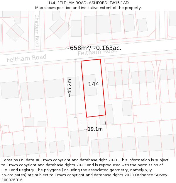 144, FELTHAM ROAD, ASHFORD, TW15 1AD: Plot and title map