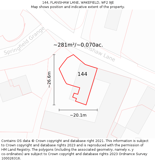 144, FLANSHAW LANE, WAKEFIELD, WF2 9JE: Plot and title map