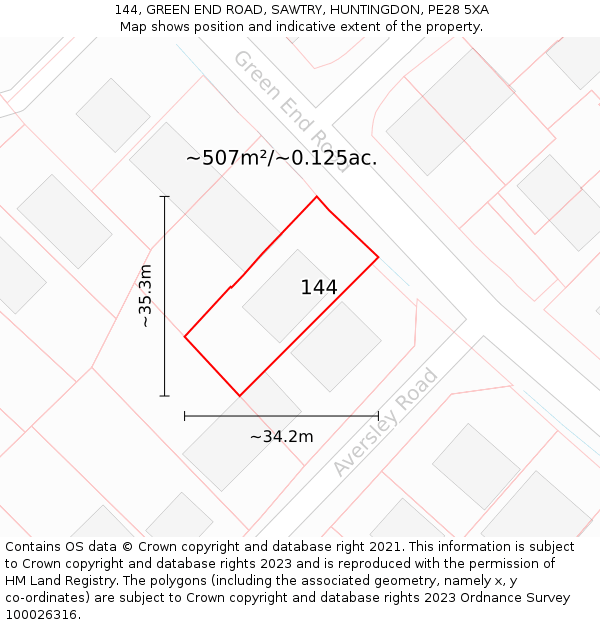 144, GREEN END ROAD, SAWTRY, HUNTINGDON, PE28 5XA: Plot and title map