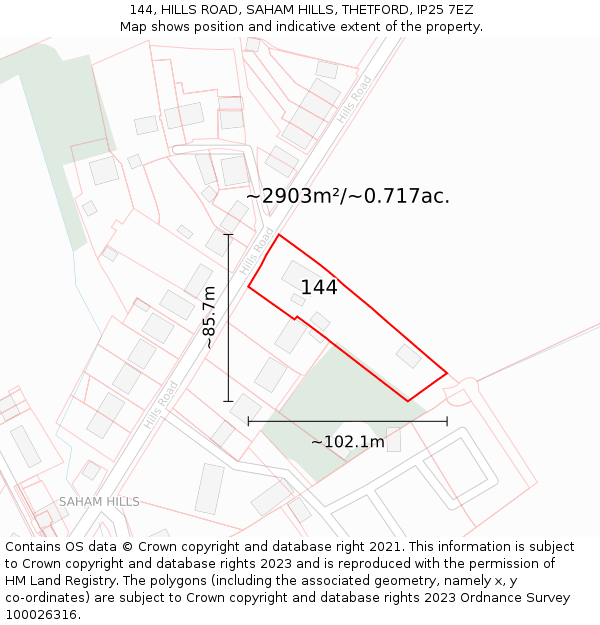 144, HILLS ROAD, SAHAM HILLS, THETFORD, IP25 7EZ: Plot and title map