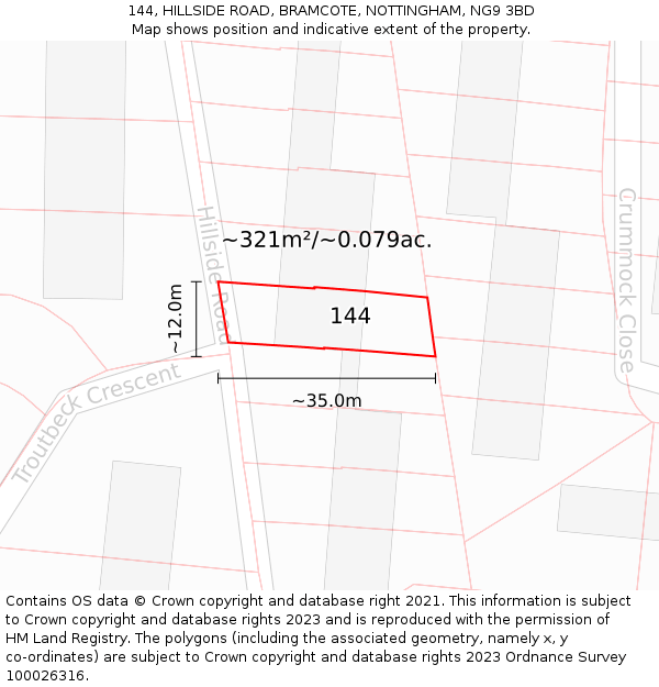 144, HILLSIDE ROAD, BRAMCOTE, NOTTINGHAM, NG9 3BD: Plot and title map