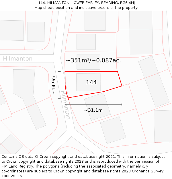 144, HILMANTON, LOWER EARLEY, READING, RG6 4HJ: Plot and title map