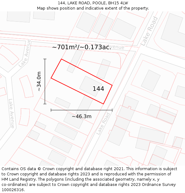 144, LAKE ROAD, POOLE, BH15 4LW: Plot and title map