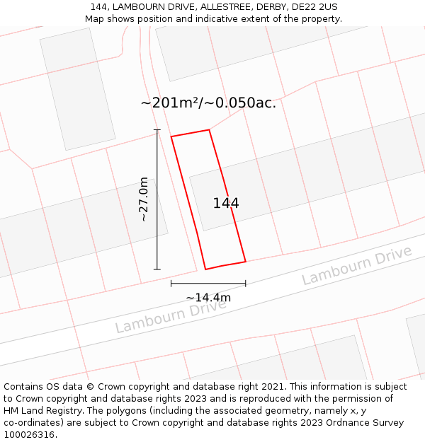 144, LAMBOURN DRIVE, ALLESTREE, DERBY, DE22 2US: Plot and title map