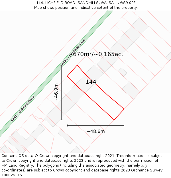 144, LICHFIELD ROAD, SANDHILLS, WALSALL, WS9 9PF: Plot and title map