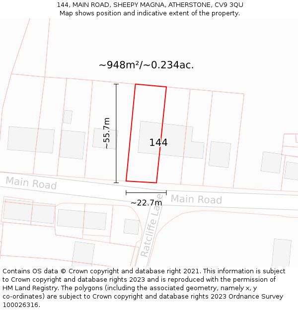 144, MAIN ROAD, SHEEPY MAGNA, ATHERSTONE, CV9 3QU: Plot and title map