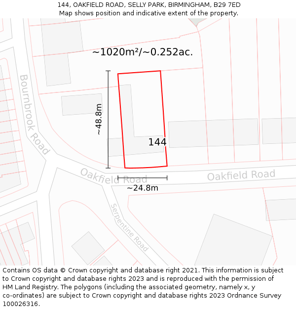 144, OAKFIELD ROAD, SELLY PARK, BIRMINGHAM, B29 7ED: Plot and title map