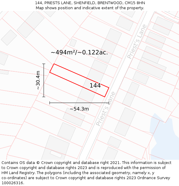 144, PRIESTS LANE, SHENFIELD, BRENTWOOD, CM15 8HN: Plot and title map