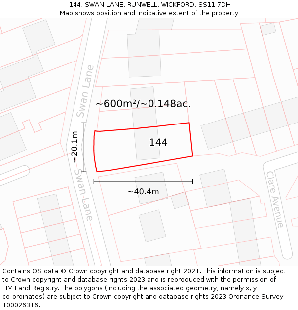 144, SWAN LANE, RUNWELL, WICKFORD, SS11 7DH: Plot and title map