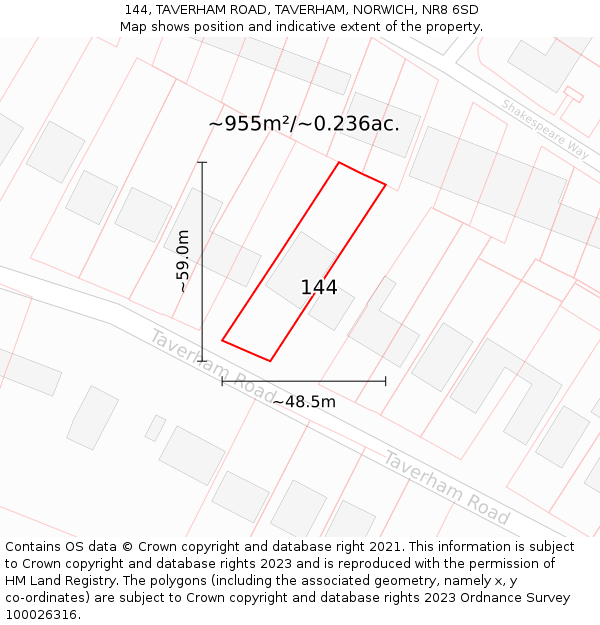 144, TAVERHAM ROAD, TAVERHAM, NORWICH, NR8 6SD: Plot and title map