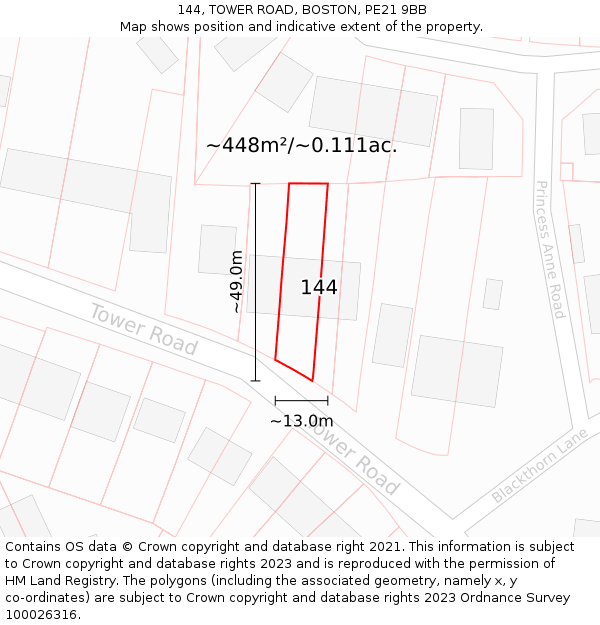 144, TOWER ROAD, BOSTON, PE21 9BB: Plot and title map