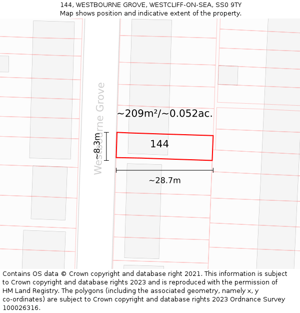 144, WESTBOURNE GROVE, WESTCLIFF-ON-SEA, SS0 9TY: Plot and title map