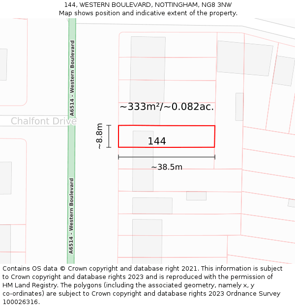 144, WESTERN BOULEVARD, NOTTINGHAM, NG8 3NW: Plot and title map